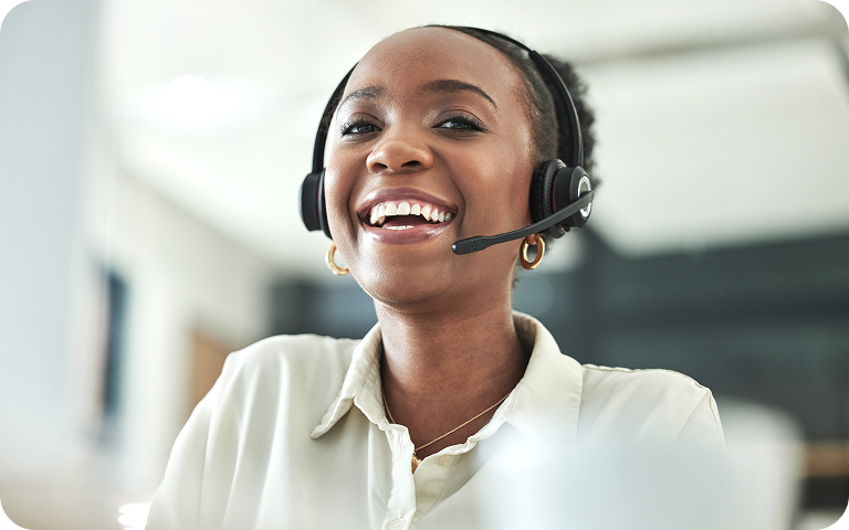 Woman contact center agent on a call