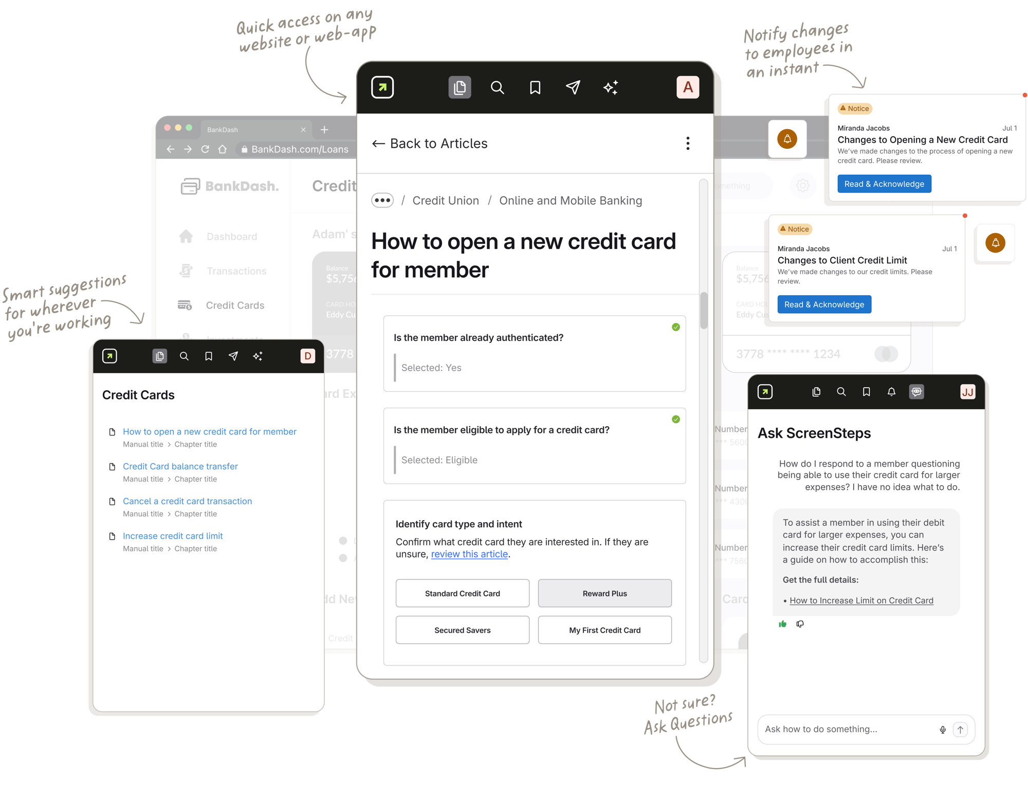 ScreenSteps Sidekick browser extension interface with different ways to access SOPs. Includes search, smart suggestions, AI chat, and notifications.