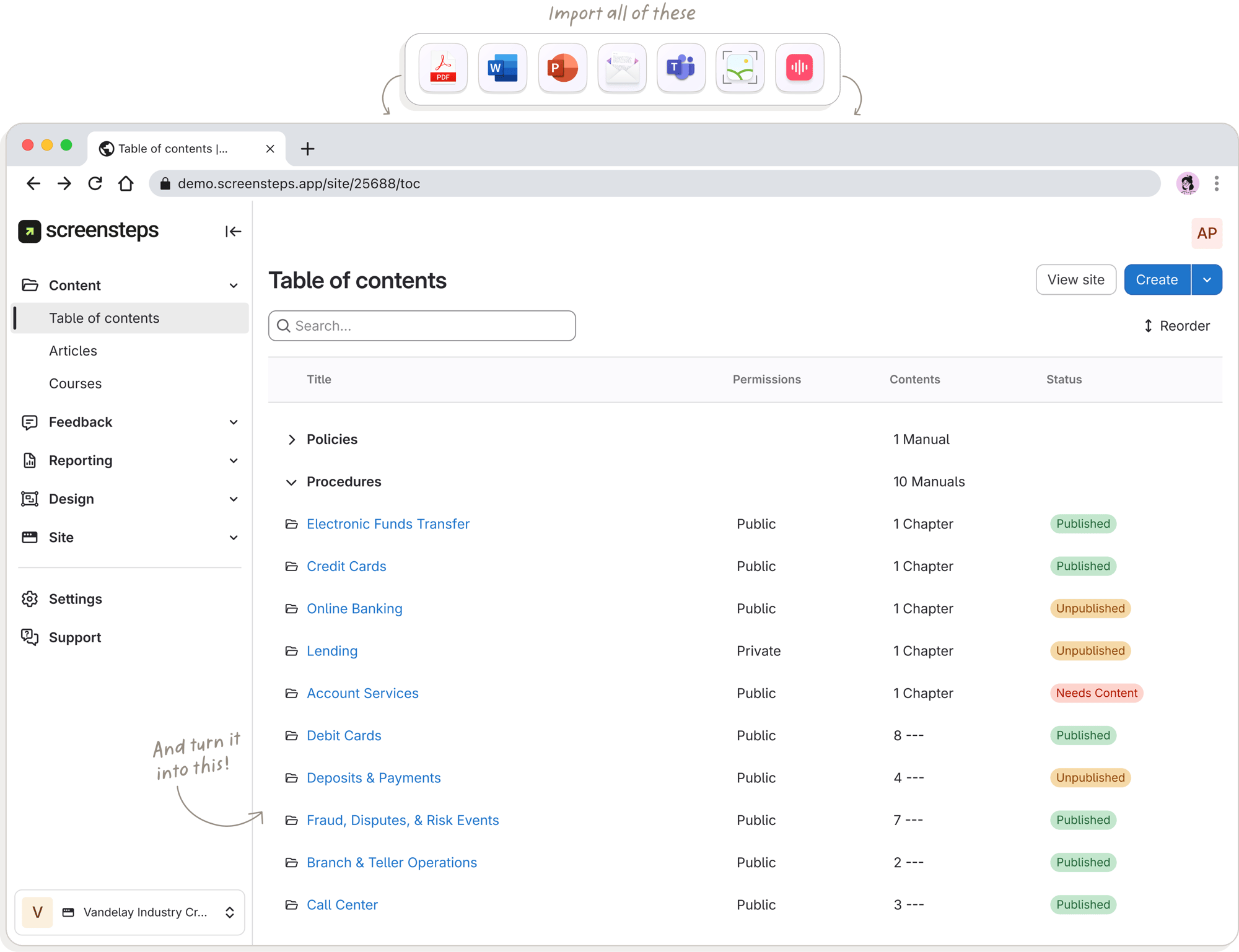 ScreenSteps interface showing bulk AI import converting files like PDFs, Word documents, PowerPoint, email, and Teams messages into an organized knowledge base