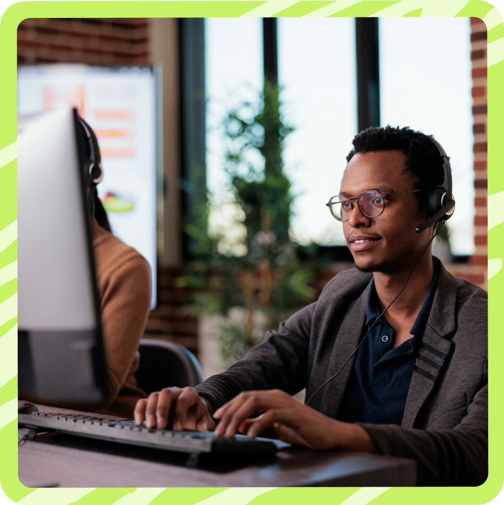 Call center agent on the phone working confidently